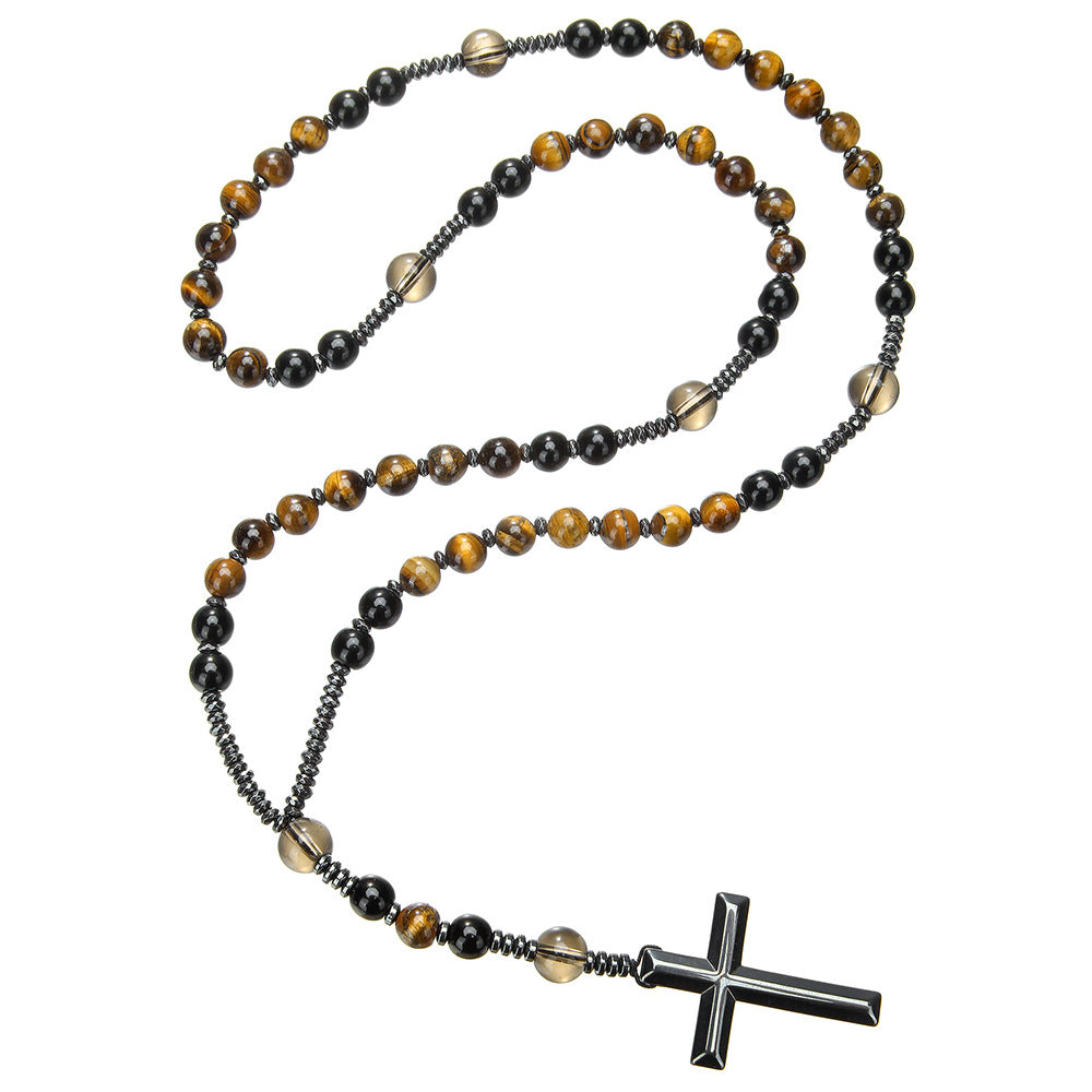 Wholesale Black gallstone yellow tiger eye iron stone cross necklace for men
